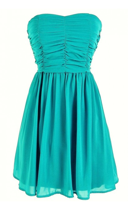 Shirred Chiffon Strapless Party Dress in Turquoise